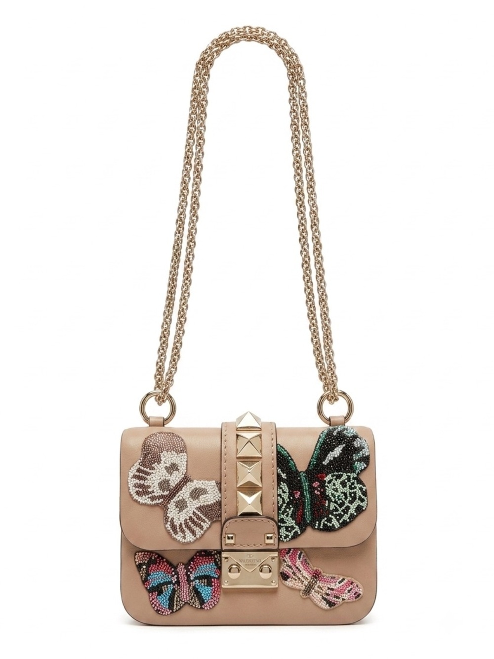 Rare Valentino Garavani Rockstud Butterfly Beaded Shoulder Bag Beige